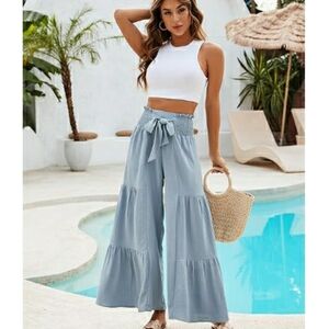 Women's Casual Wide Leg Trousers High Waisted Pants Light Blue